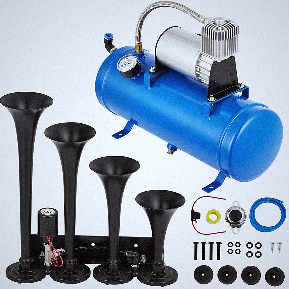12V Train Horn Kit 4 Trumpets1.6 Gallon Tank 150 PSI Air Compressor for Car