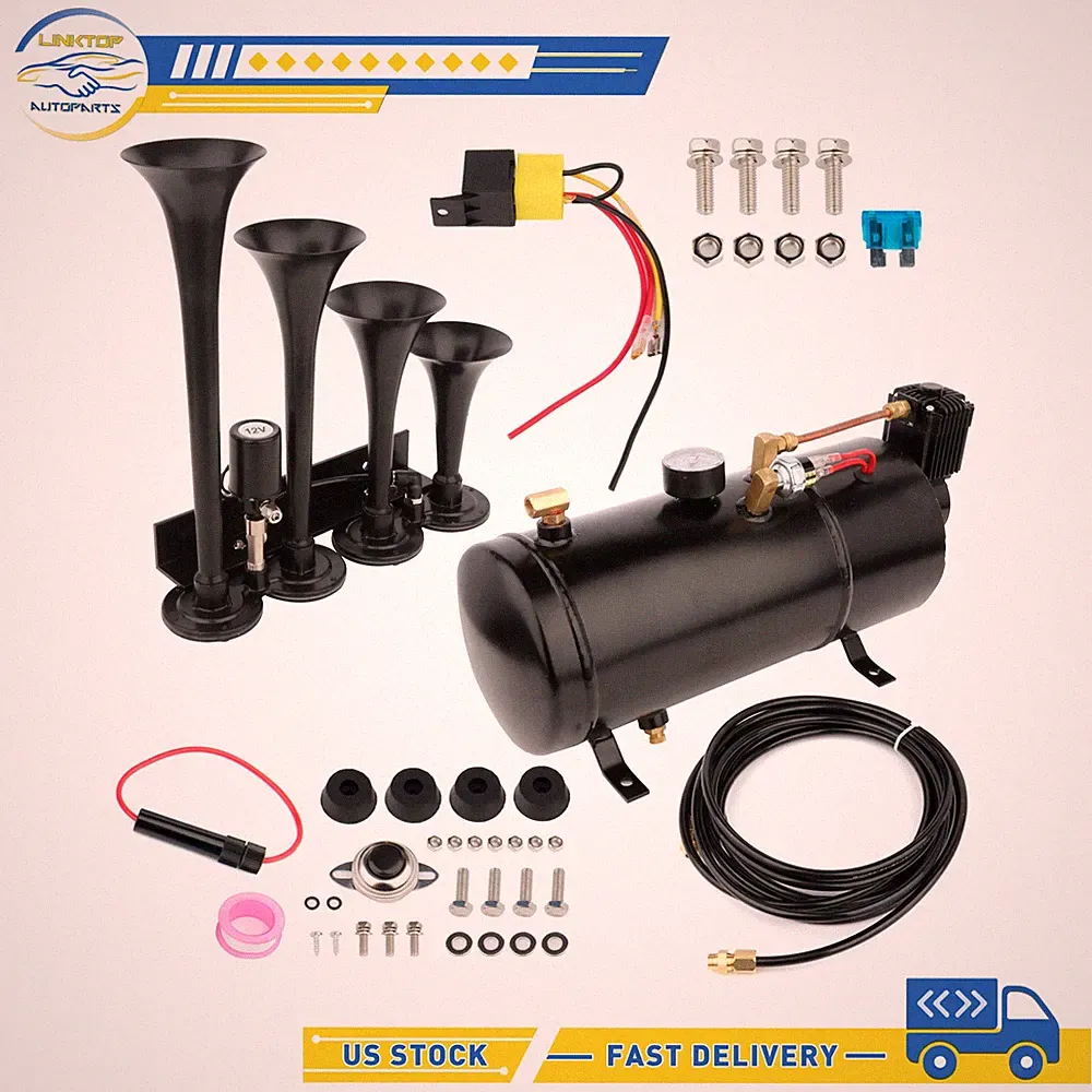 Fits for Car Truck 0.8 Gallon air tank 150 PSI 12 volt air compressor 4 Trumpets
