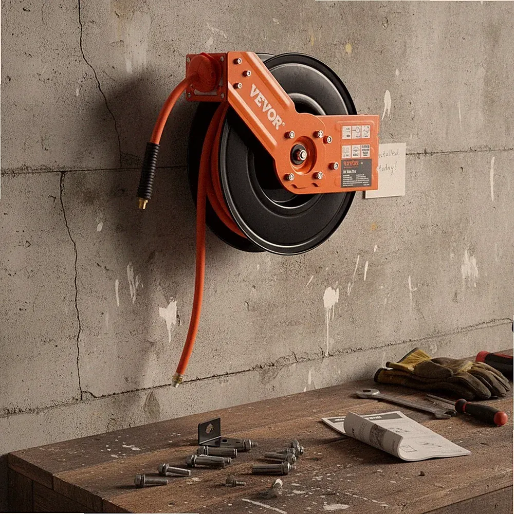 Heavy-Duty 50FT Air Compressor Hose Reel with 180° Swivel Mount, Auto-Rewind